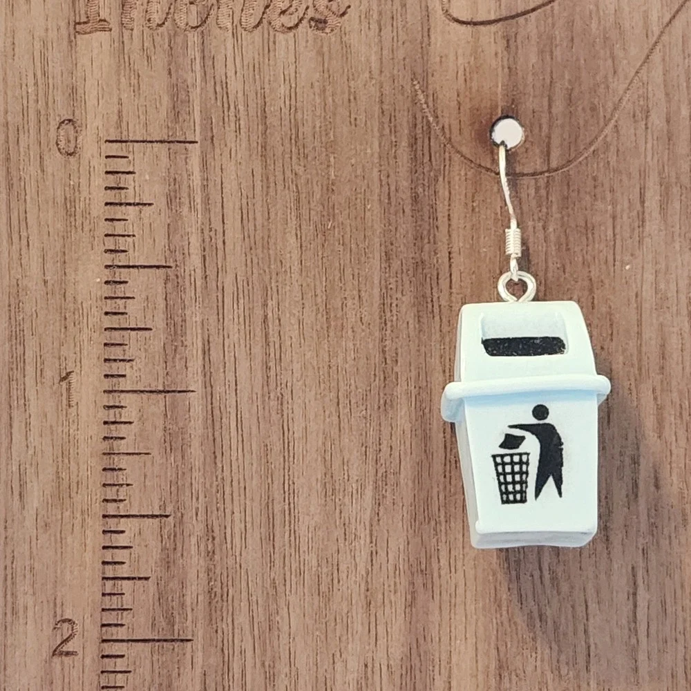 Handmade Novelty Cute Trash Can Earrings Silver Tone‎ Hooks Fun Quirky Earrings